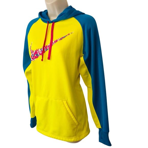 Nike Therma Fit Two Tone Yellow Turquoise Hoodie Pink Swoosh Logo - Picture 16 of 16